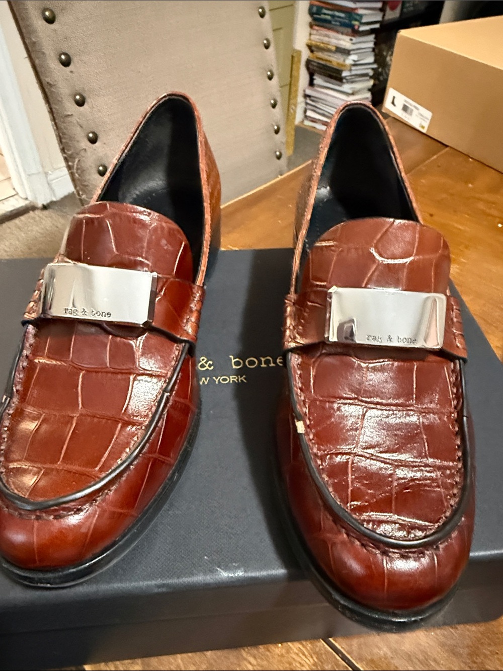 rag & bone women’s Croc-Embossed Chestnut Leather Loafers with Silver Hardware